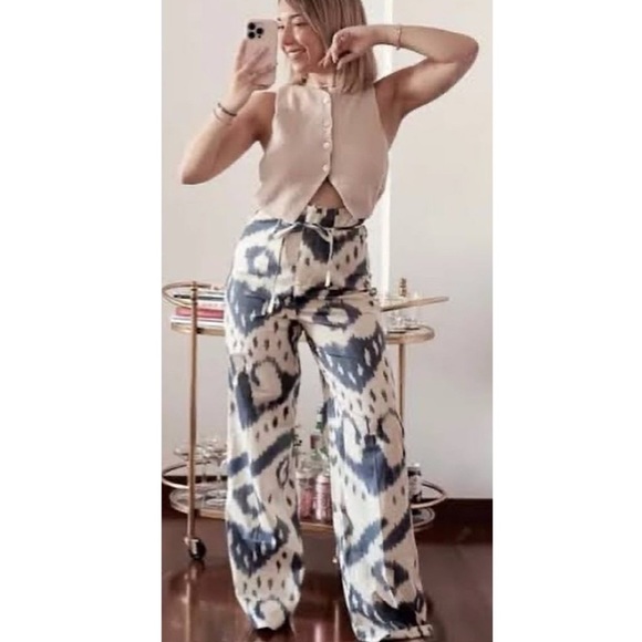 Zara Limited Edition Printed Ramie High Rise Aztec Wide Leg Trouser Pant Blue M - Picture 2 of 10